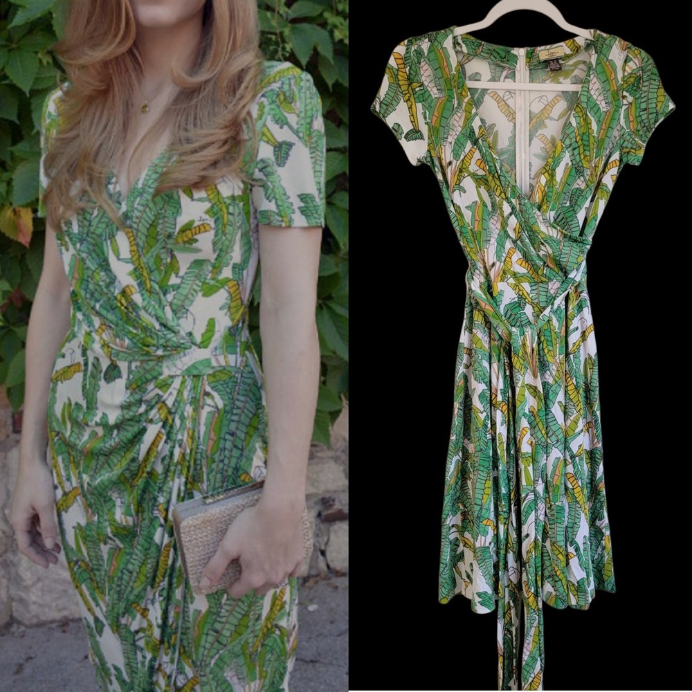 Issa London Green Banana Leaf Tropical Short Sleeve Wrap Front Jersey Dress‎ 6